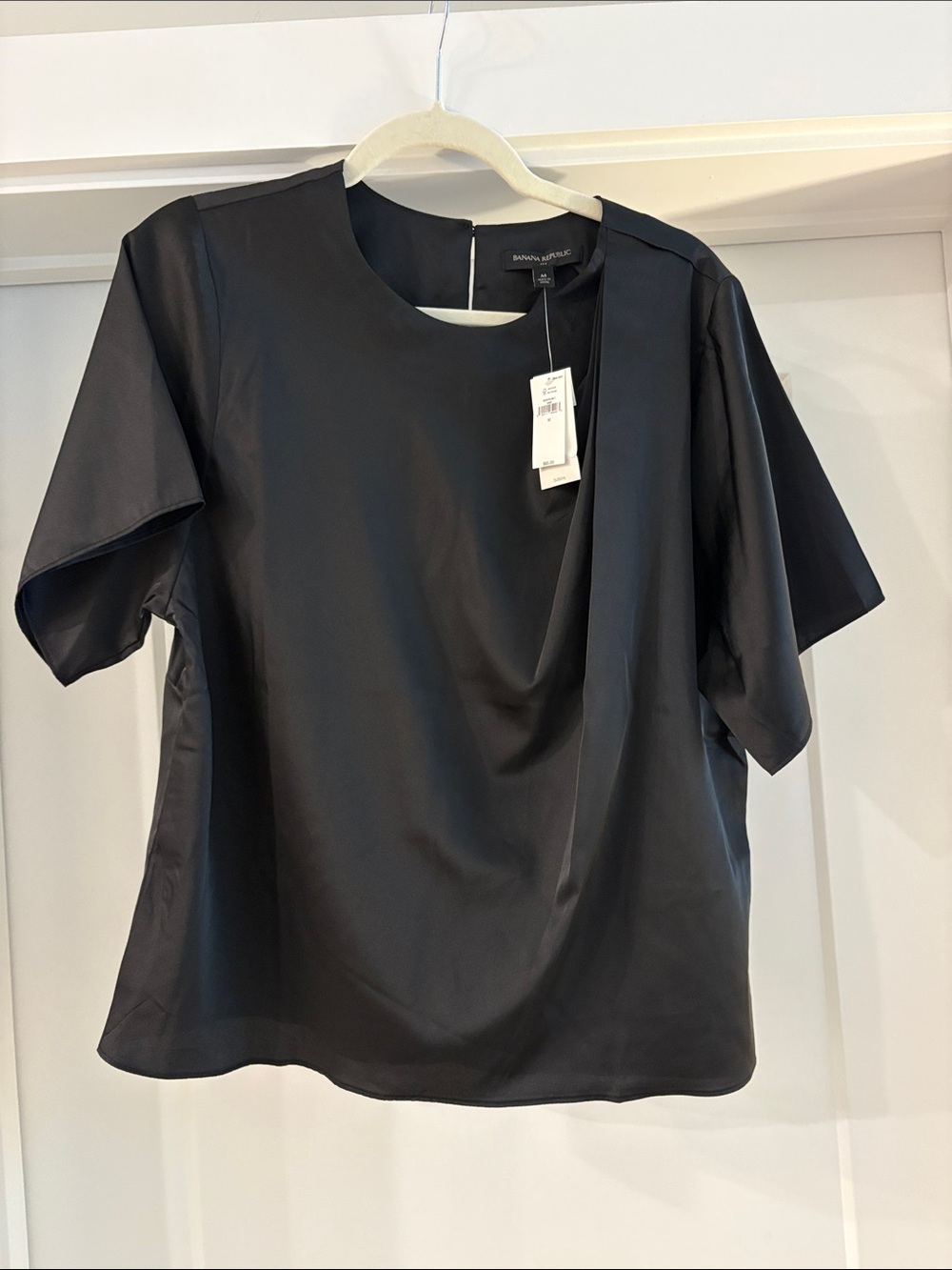 Banana Republic Black Satin Short-Sleeve Top with Front Drape